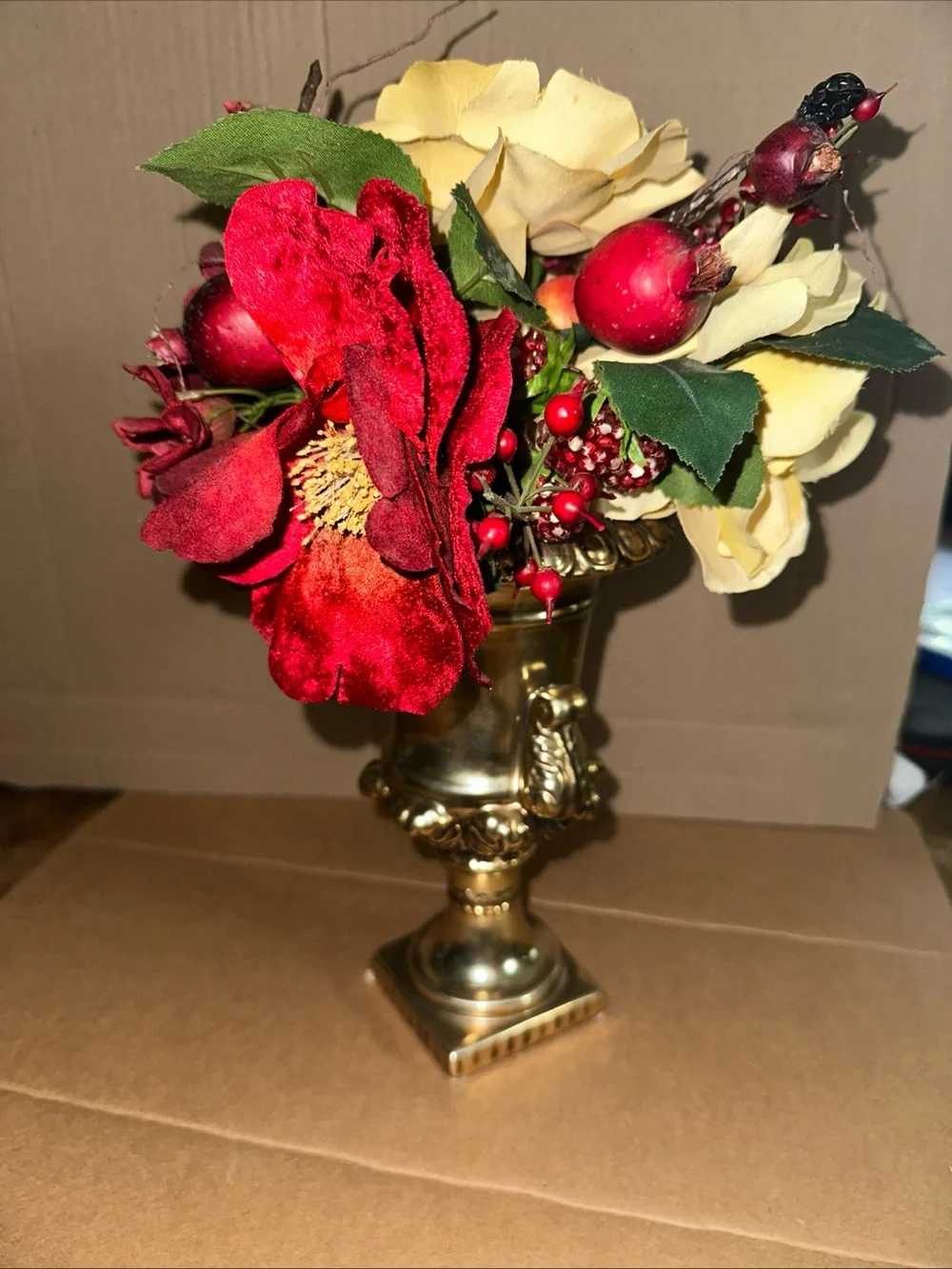 Bombay Red and Yellow Faux Floral Arrangement in Gold ceramic Urn 12”